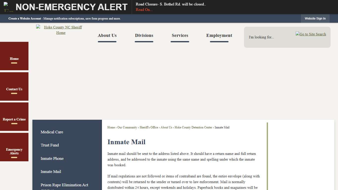 Inmate Mail | Hoke County, NC - Official Website