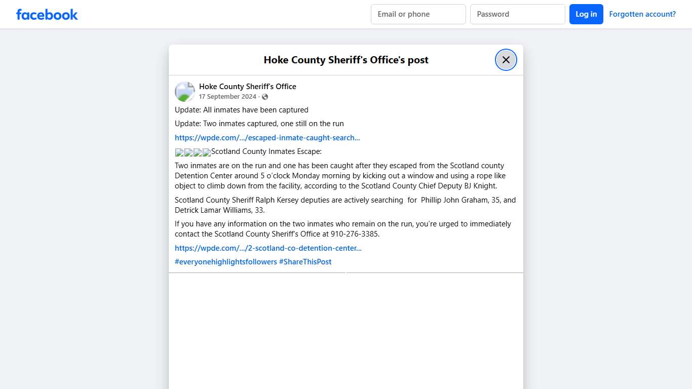 Update: All inmates have... - Hoke County Sheriff's Office | Facebook